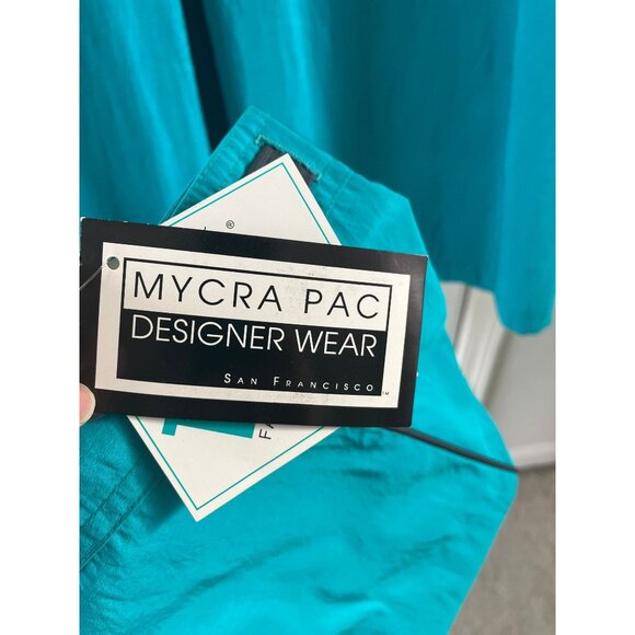 Vtg MYCRA PAC Designer Wear Raincoat Coat Hooded Turquoise & Black Teflon Fabric - Picture 5 of 10